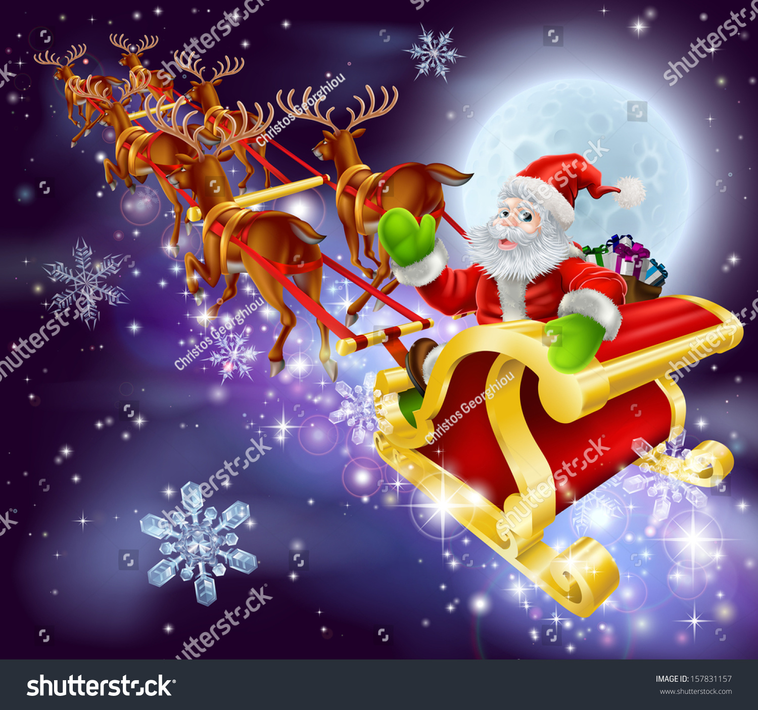圣诞节的卡通插图的圣诞老人在他的雪橇或雪橇
