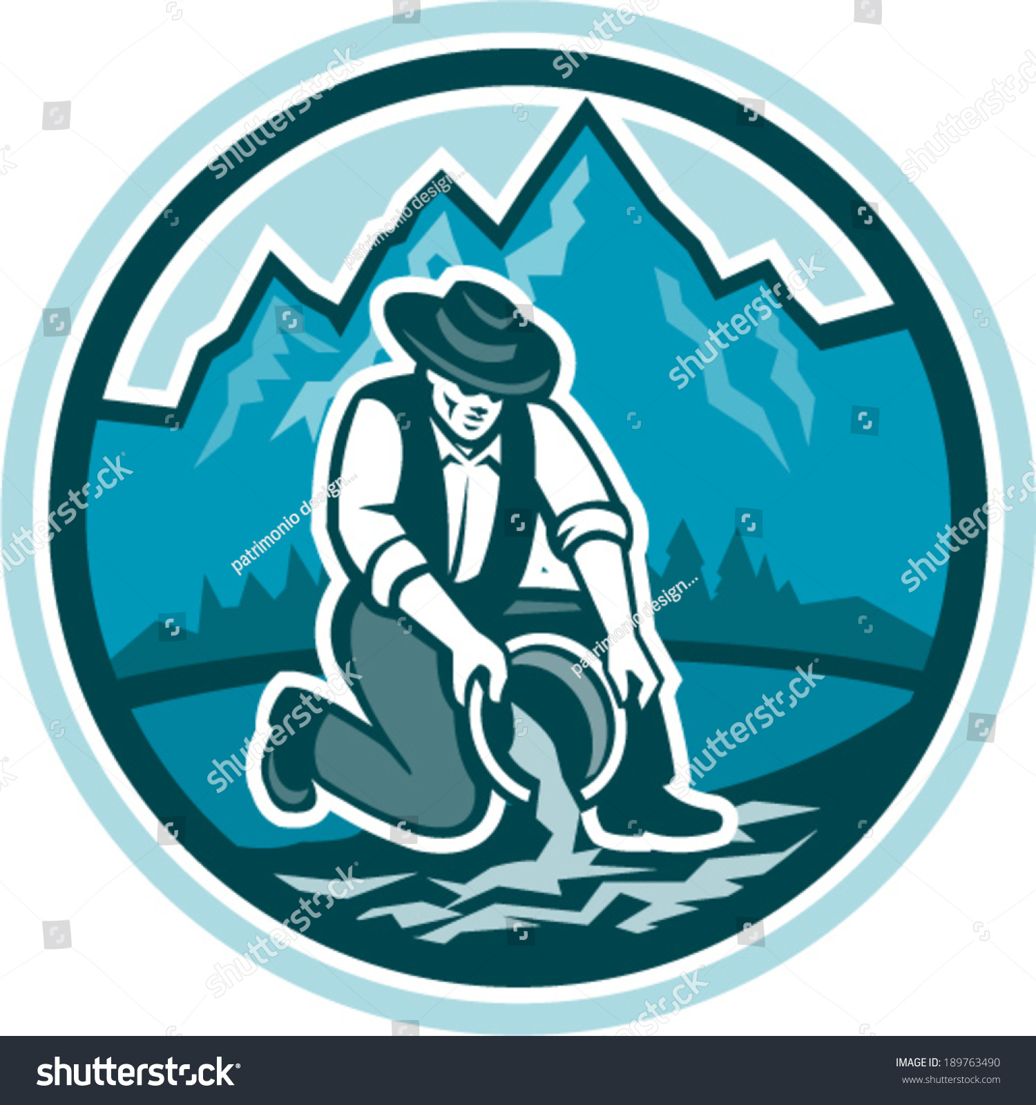插图的淘金者矿工勘探者盘淘金与山区河流在复古风格的背景设置在圆孤立的背景。-工业,人物-海洛创意(HelloRF)-Shutterstock中国独家合作伙伴-正版图片在线交易平台-站酷旗下品牌
