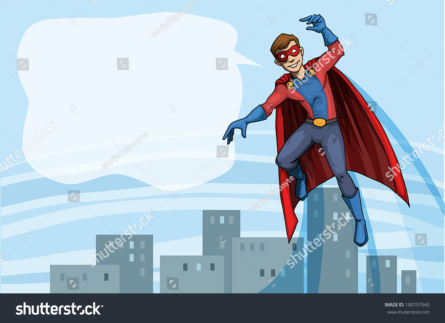 男性超级英雄人物在飞行中,城市上空与演讲泡