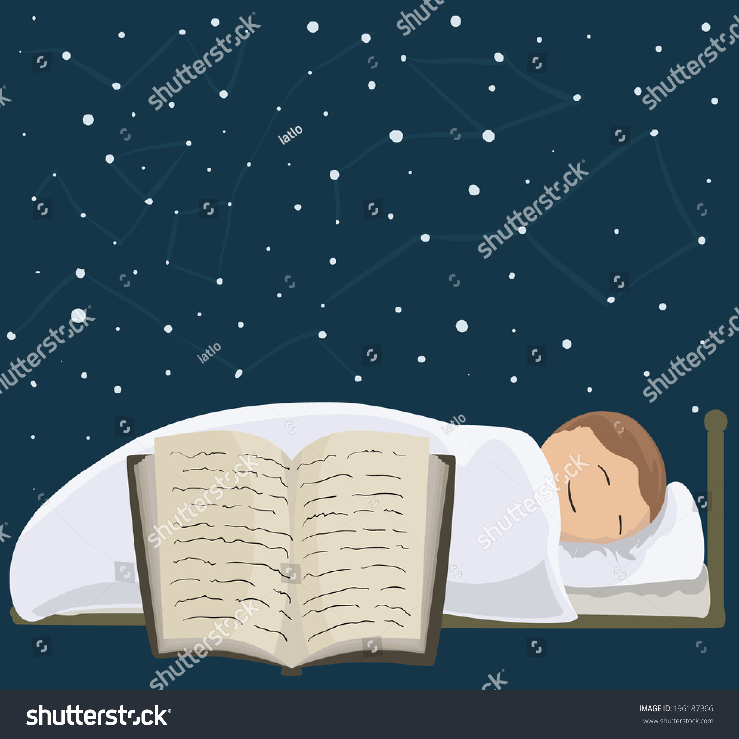 插图在星空下睡觉的婴儿。这本书的故事入睡。