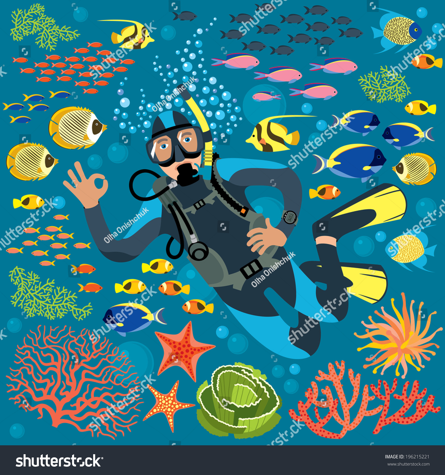 有水下植物和鱼类的潜水员-人物,运动/娱乐活动-海洛