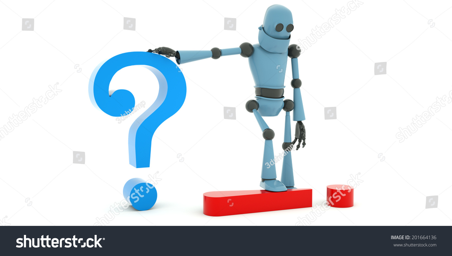 机器人的右手握着一个大问号,右脚感叹号,3 d渲
