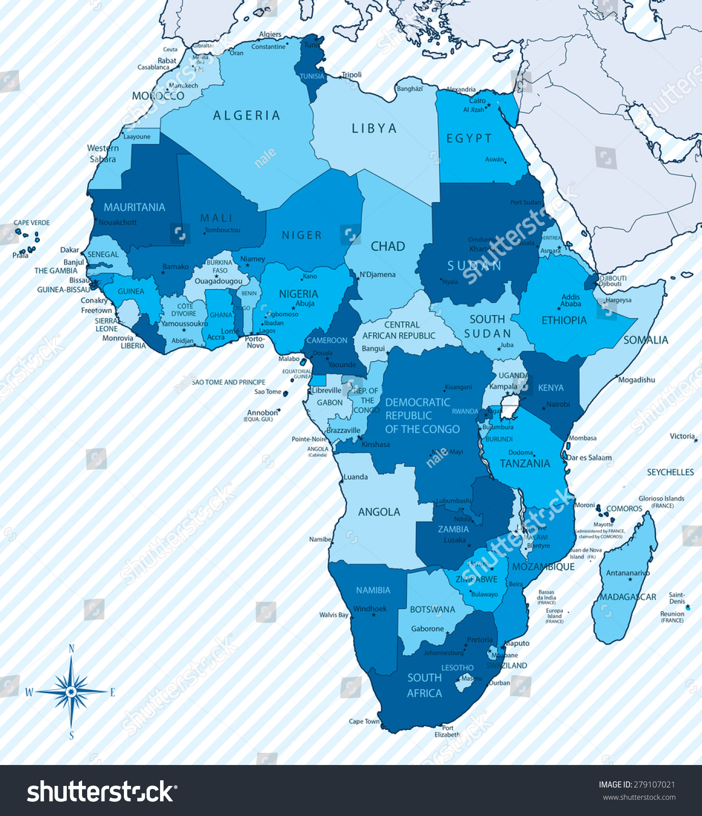 非洲地图的矢量插图蓝色的国家。每个国家都有