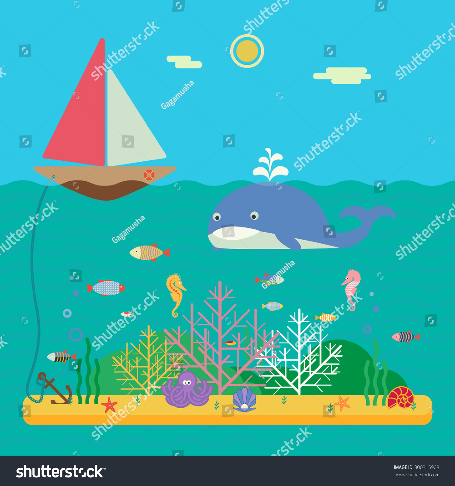 景观的海洋生物——帆船在海洋和海底世界有不同的.平图片