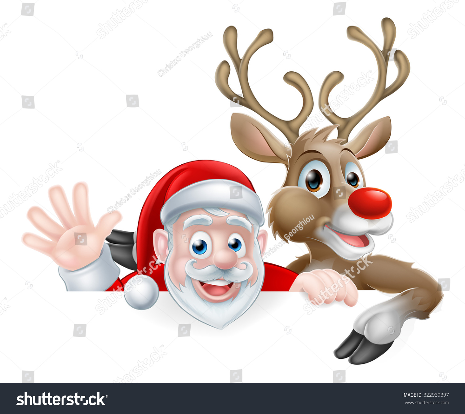 illustration of cartoon santa and reindeer peeking above sign