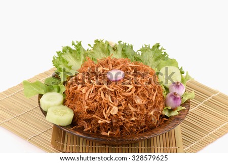 shredded pork with sweet and shallots fried on salad vegetables.