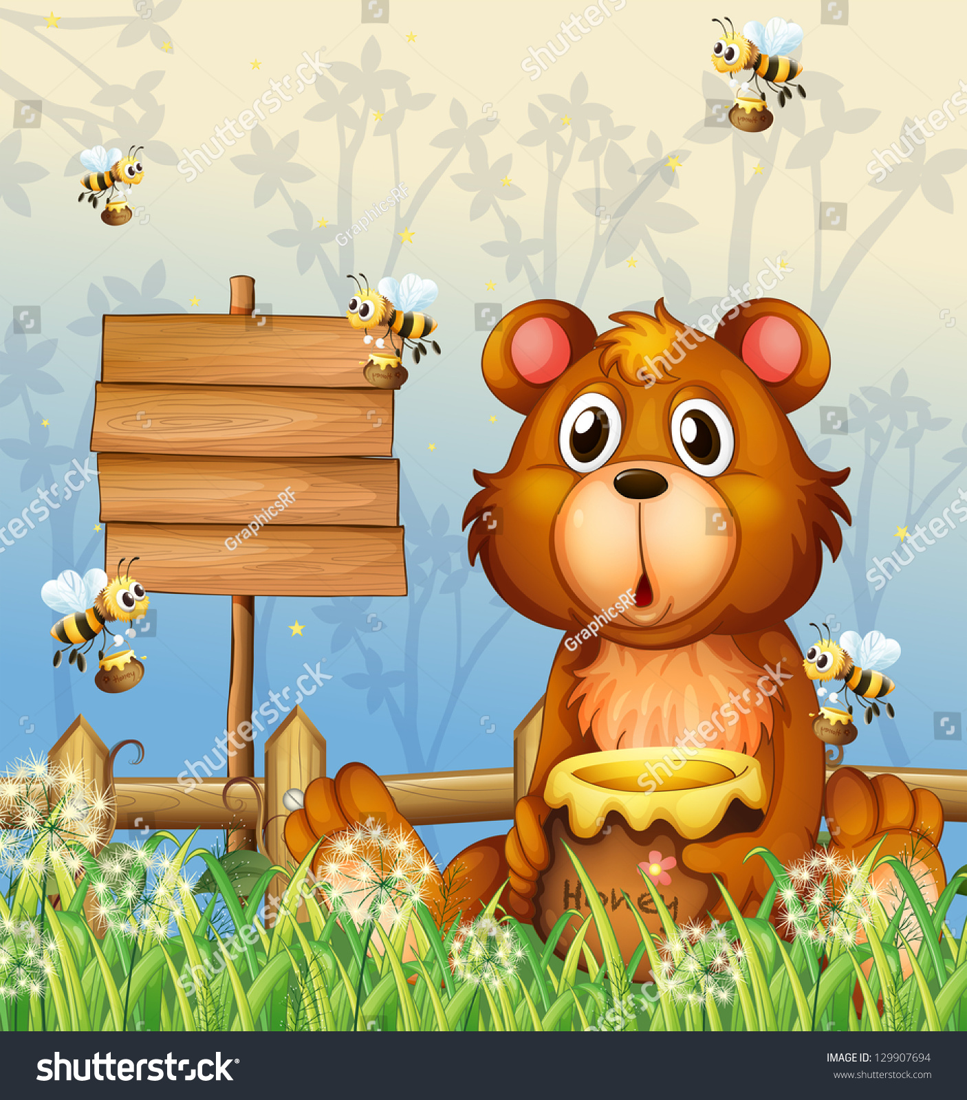 一只熊和蜜蜂在一个招牌-动物/野生生物-海洛创意(hellorf)