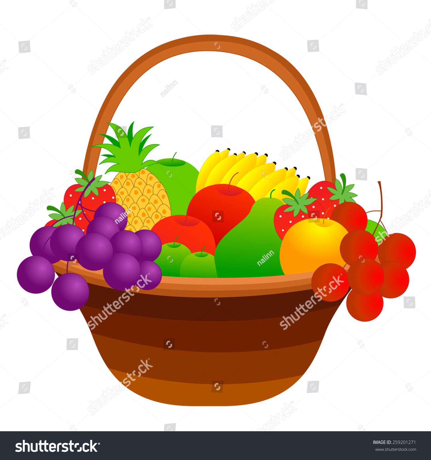 插图的一篮子水果混合水果包括苹果,菠萝,草莓,香蕉,樱桃等孤立在白色