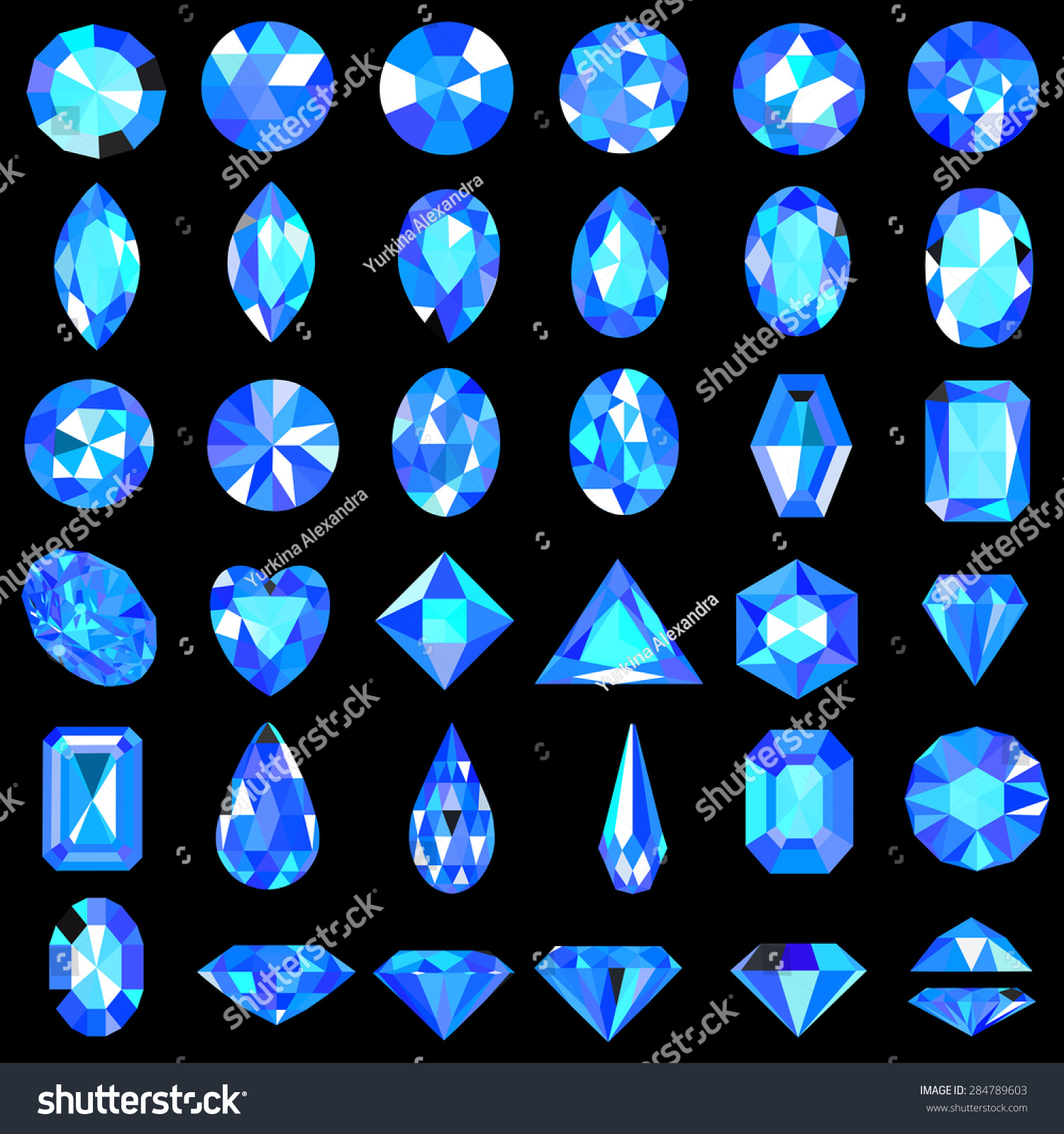 插图的蓝色宝石不同的削减和形状